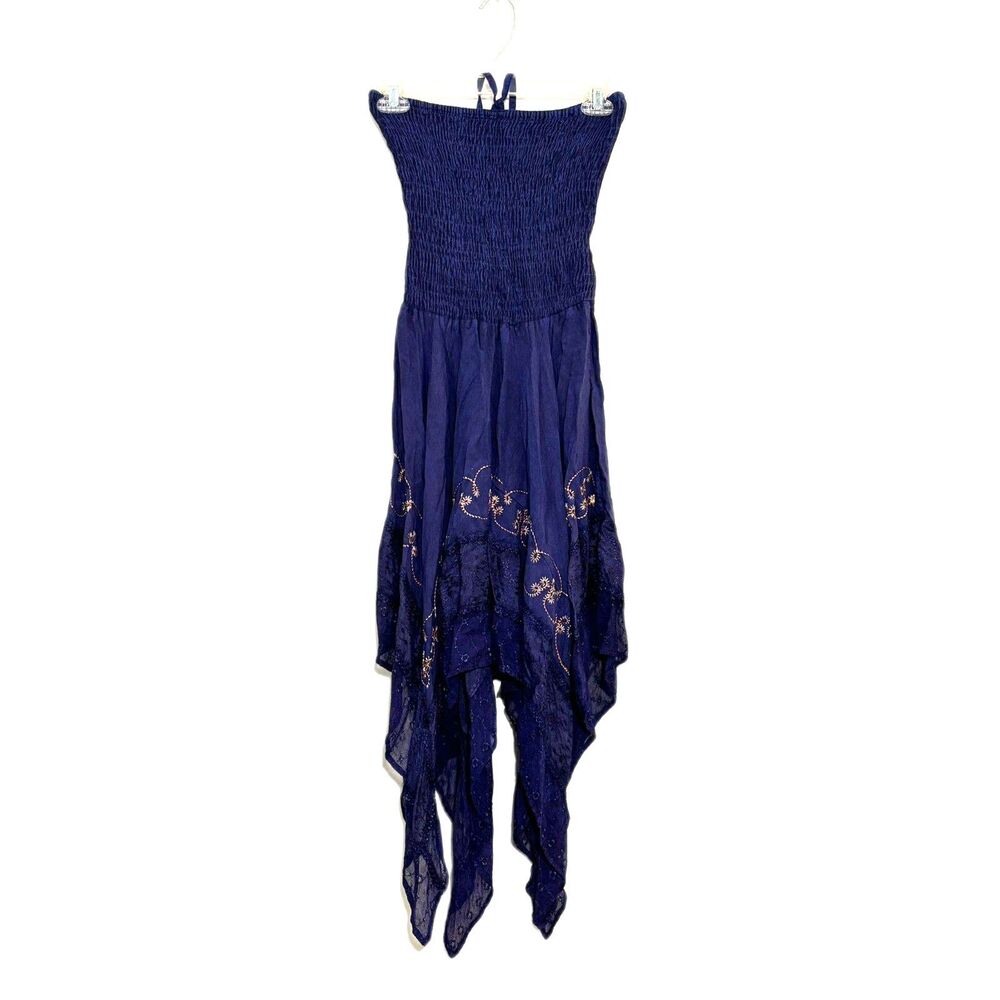 My Choice Navy Smocked Strapless Boho Dress Embroidered Handkerchief Hem M